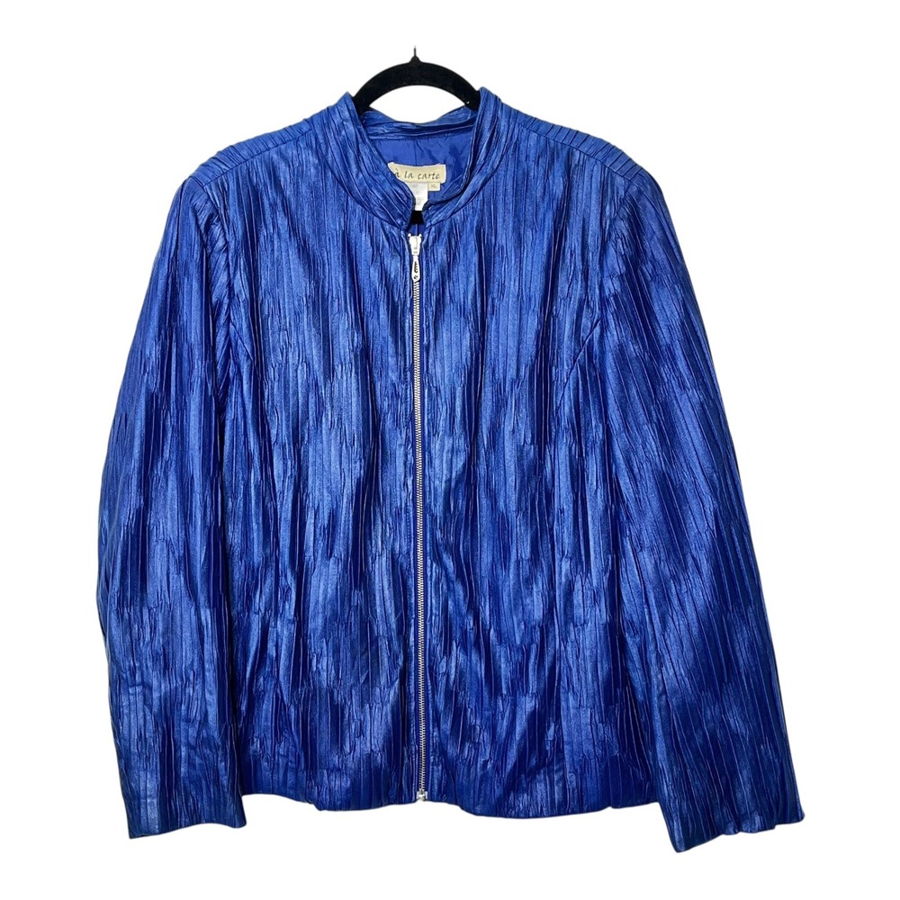 A La Carte Royal Blue Crinkle Pleated Zip Up Jacket‎ Mock Neck Womens XL 9366J82